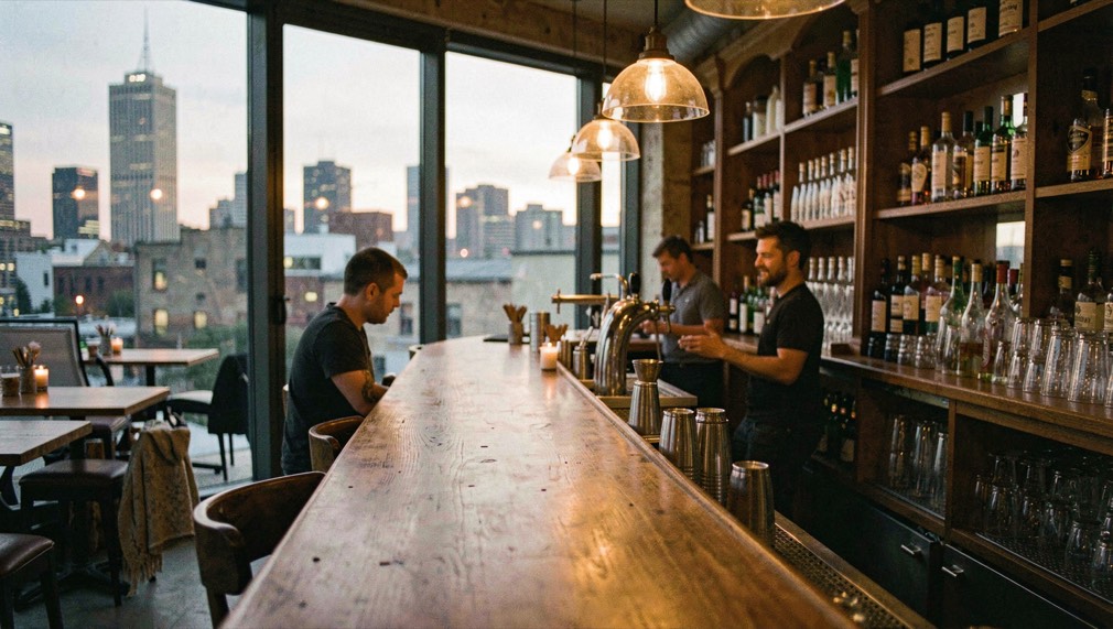 A warmly lit city bar counter at dusk with a calm open space to the left