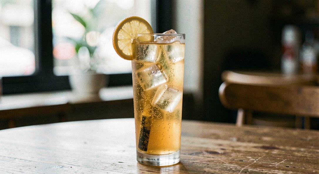 A tall sparkling highball with ice and a citrus slice