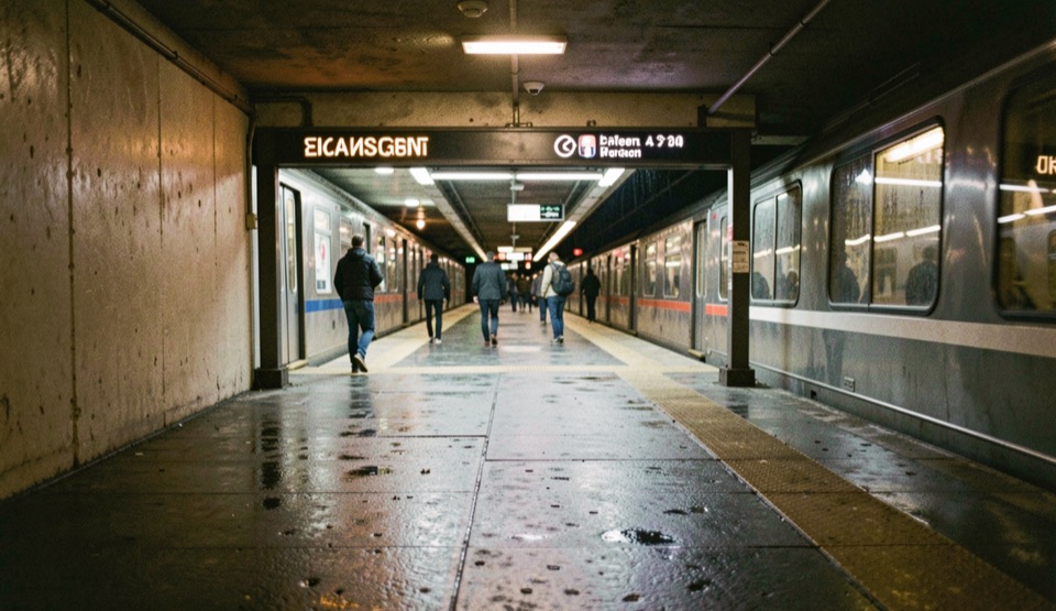 A lit subway entrance at night with wet pavement