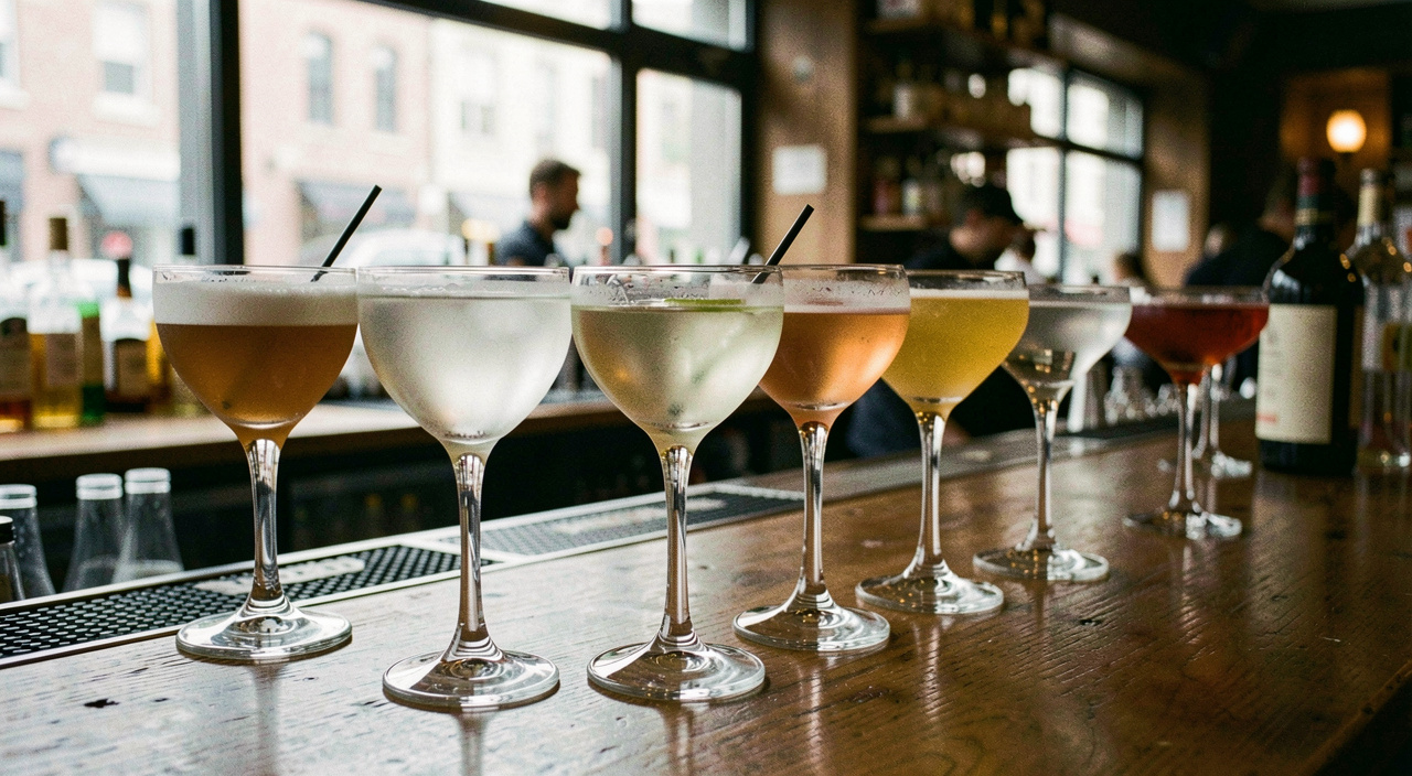 A row of different cocktail glasses on a city bar