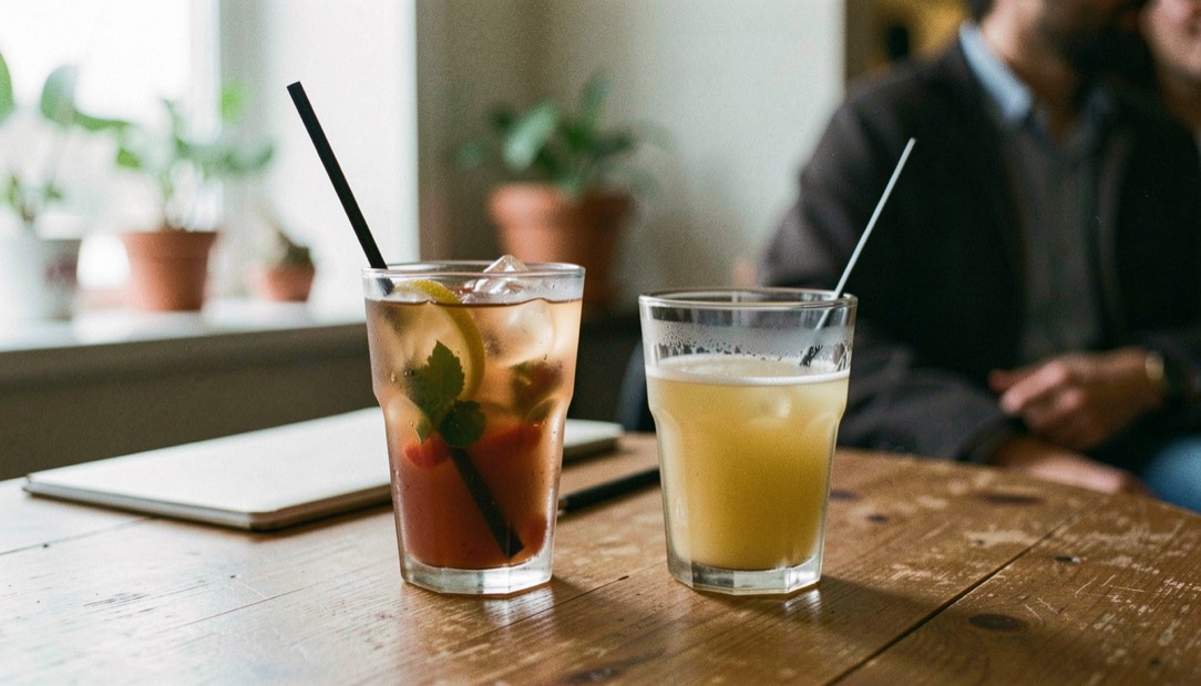 Two carefully made mixed drinks, one alcohol-free, on a shared table