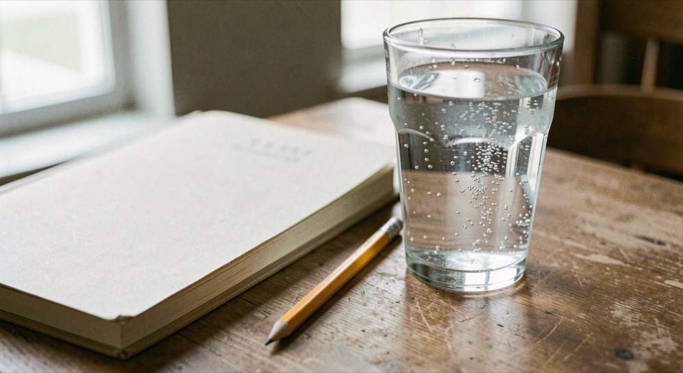 A notebook and pencil beside a glass of sparkling water