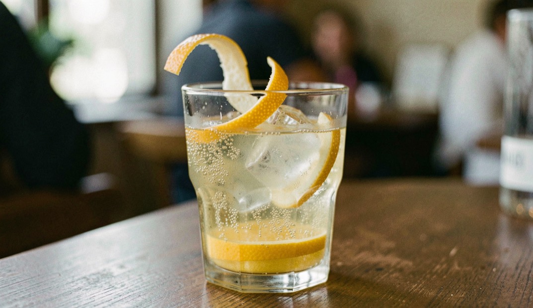 A sparkling citrus soda with a curled peel and ice